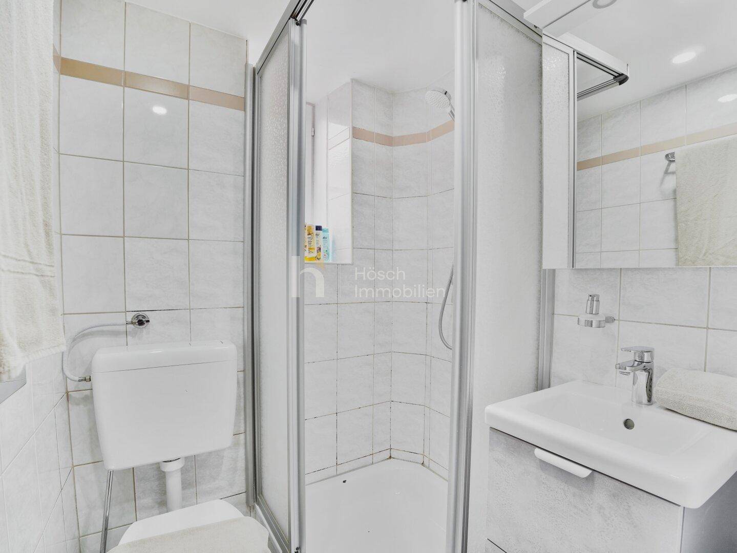 Kleines Badezimmer mit Duschkabine, WC und Waschbecken, hell gefliest.
