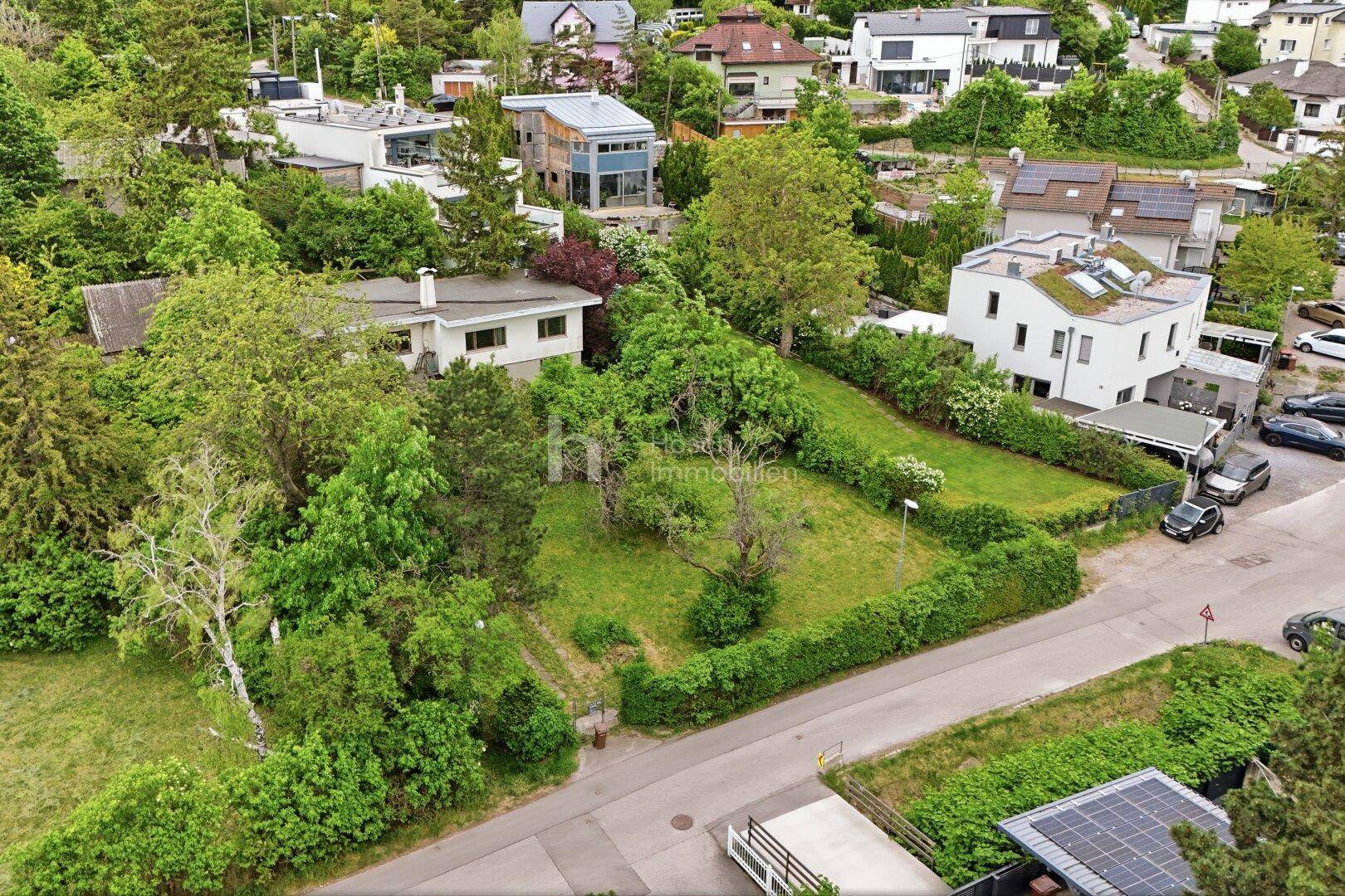 Weitläufige Luftaufnahme des Anwesens mit umliegenden Häusern und üppiger Vegetation.