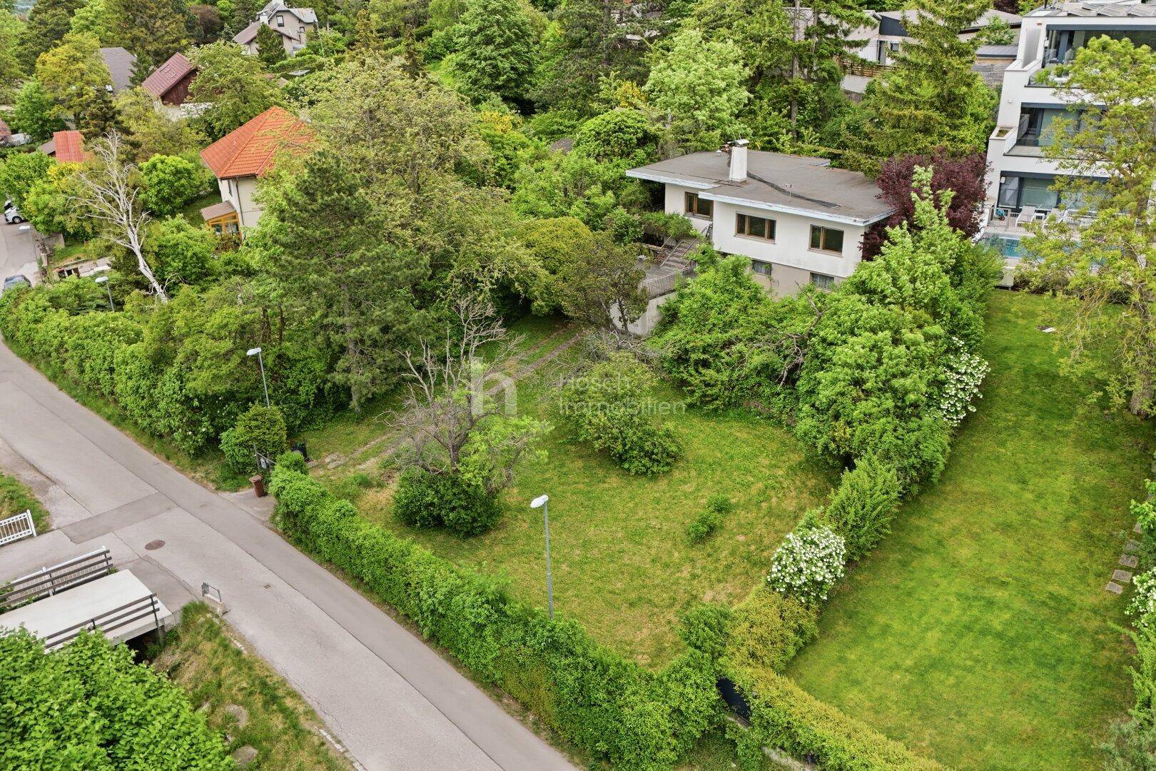 Luftaufnahme des Anwesens mit Haus, großem Garten und üppiger grüner Umgebung.