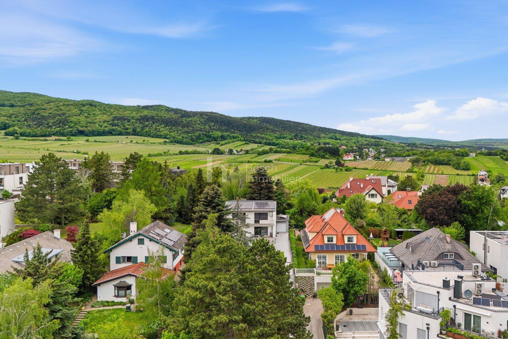 Panoramablick über eine Wohnsiedlung mit grünen Hügeln und Weinbergen im Hintergrund.
