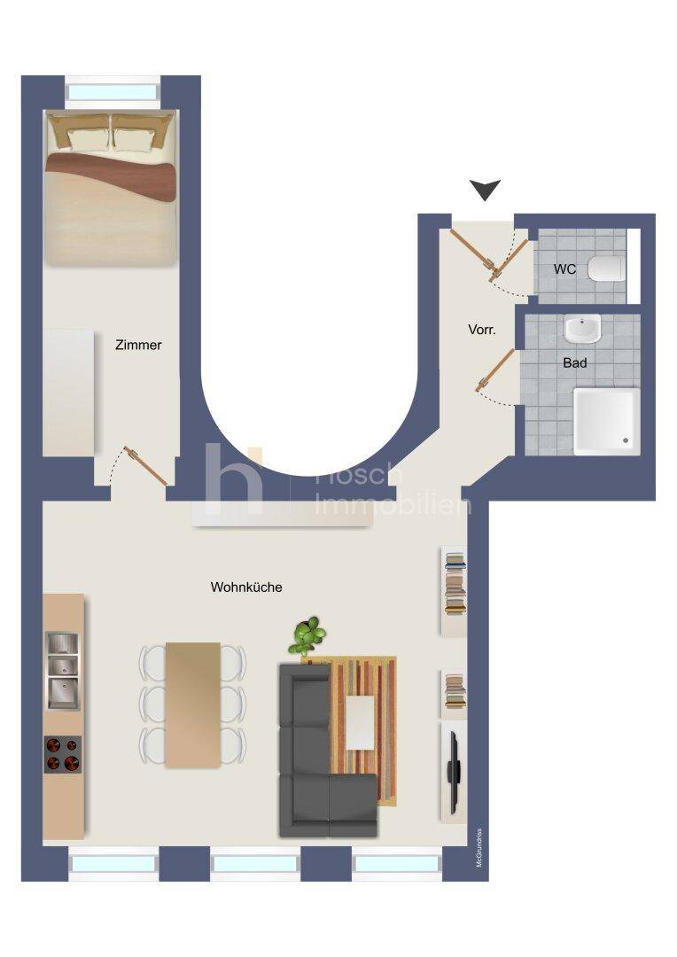 Grundriss einer Wohnung mit Wohnküche, Schlafzimmer, Bad und separatem WC.