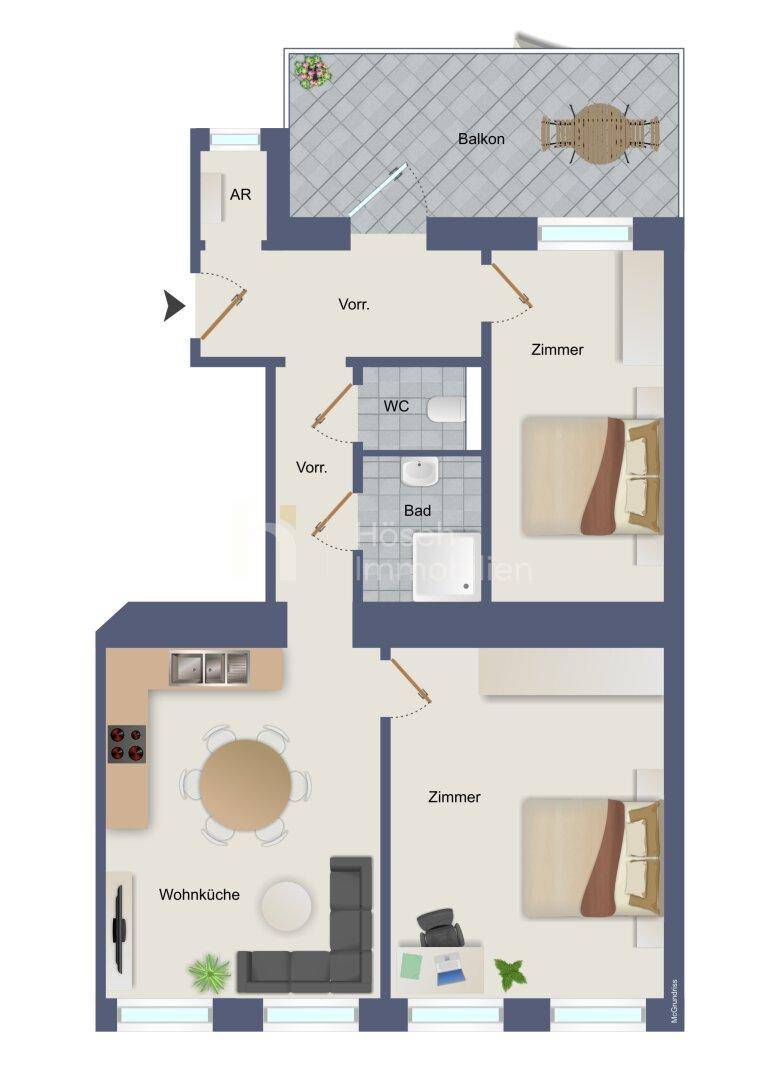 Grundriss einer Wohnung mit Wohnküche, zwei Zimmern, Bad, WC und Balkon.