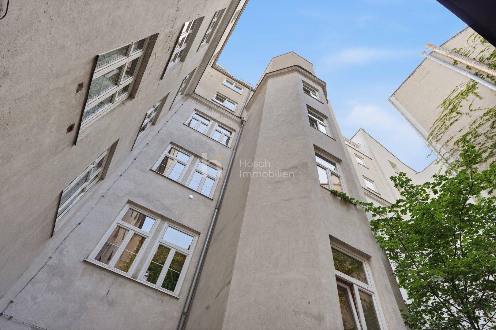 Blick in den Innenhof eines Altbaus mit mehreren Fenstern und grünen Pflanzen.