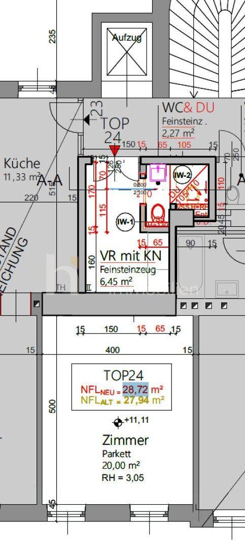 Grundrissausschnitt einer Wohnung mit Bad, Küche und Zimmer, inklusive detaillierter Flächenangaben.