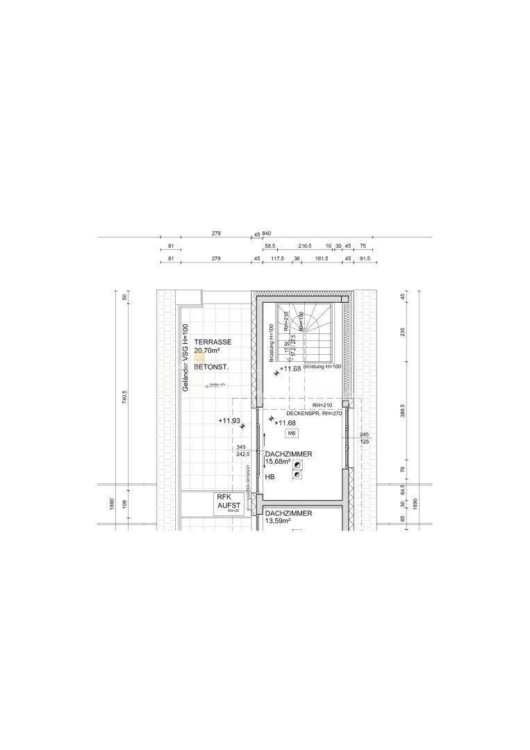 Grundrissplan mit großer Terrasse und zwei Dachzimmern im Obergeschoss.