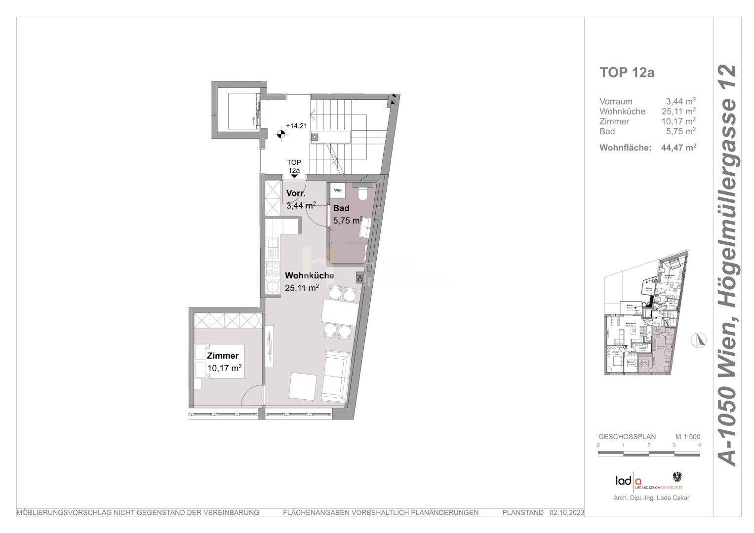Grundriss einer kompakten Wohnung mit offenem Wohn-Essbereich, einem Schlafzimmer und Bad.