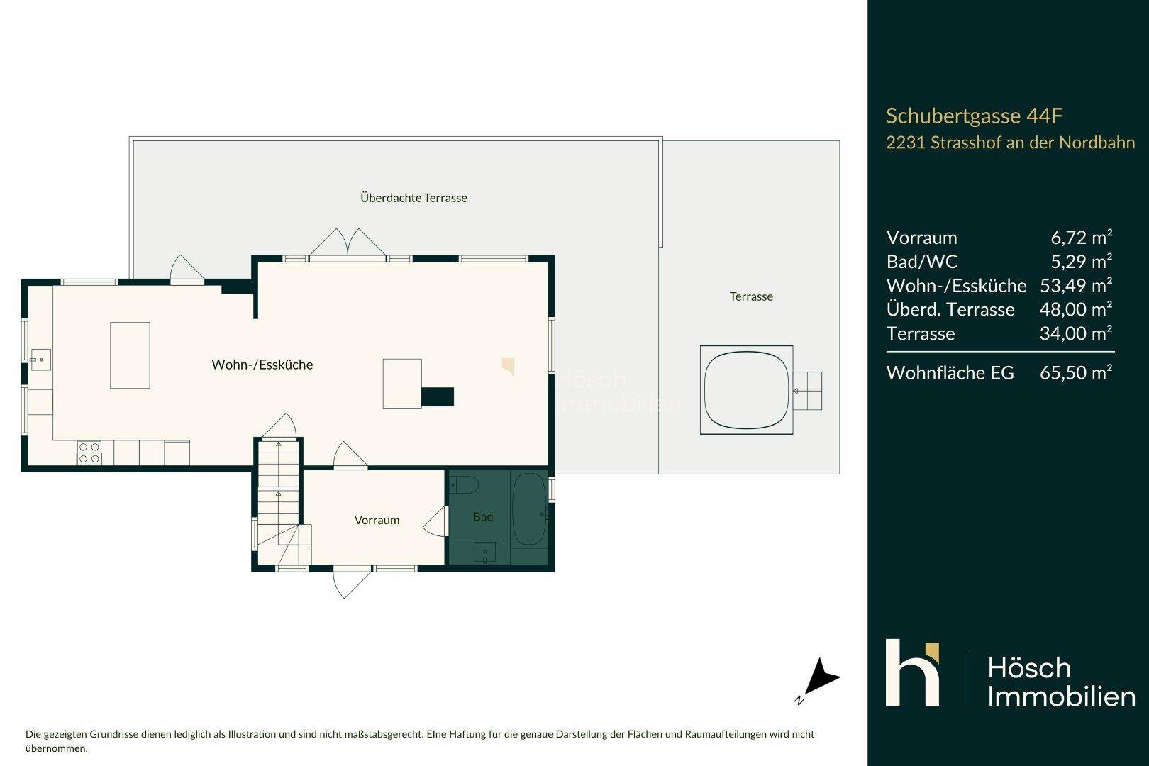 Grundriss des Erdgeschosses mit Wohn-/Essküche, Vorraum, Bad/WC und überdachter Terrasse.
