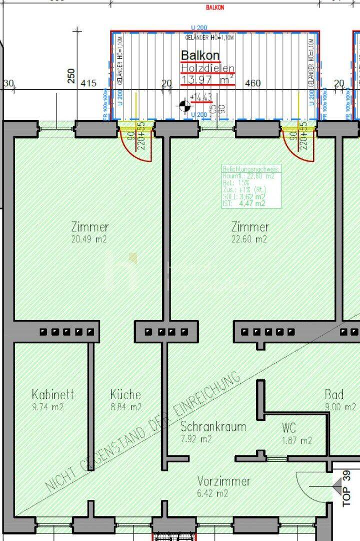 Detaillierter Grundriss mit Raumaufteilung, inklusive Balkon und separatem WC.
