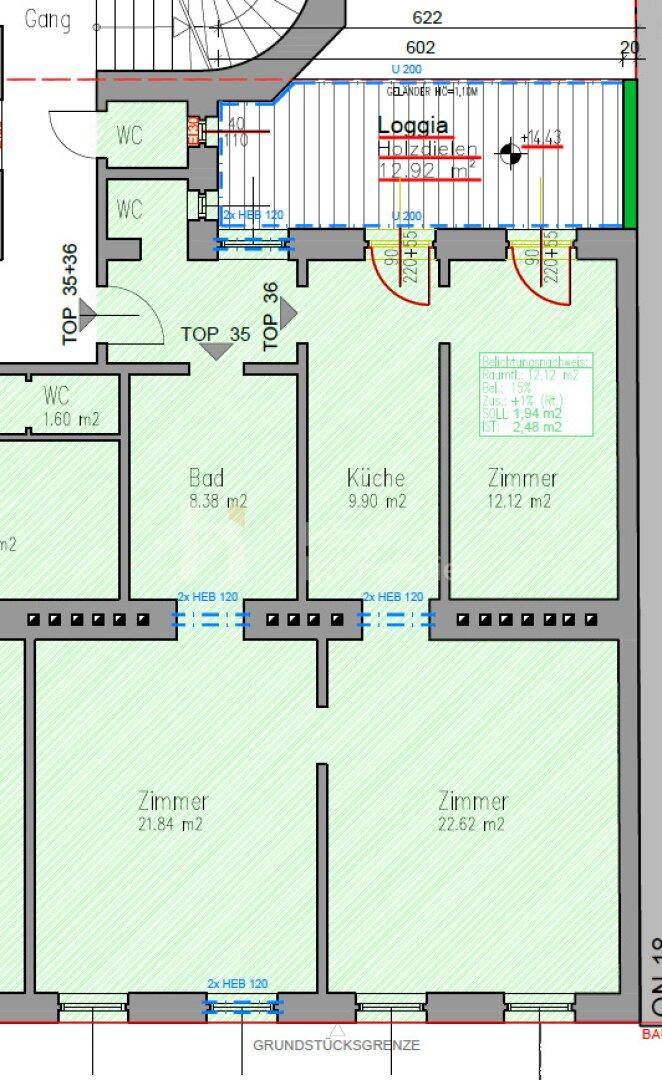 Grundriss der Wohnung mit Loggia, Küche, Bad und mehreren Zimmern.
