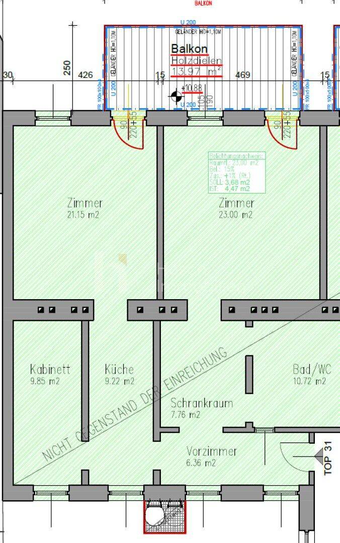 Grundriss einer Wohnung mit drei Zimmern, Küche, Bad und Balkon.