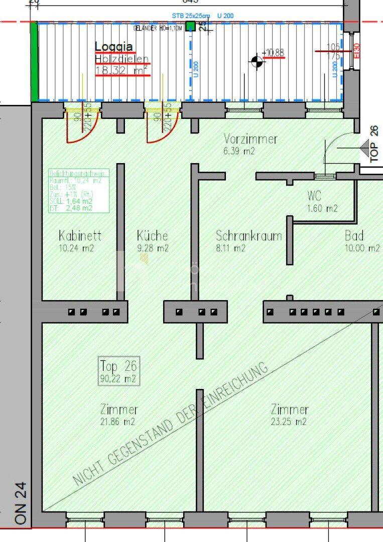 Detaillierter Grundriss einer Wohnung mit Loggia, mehreren Zimmern, separatem WC und Bad.