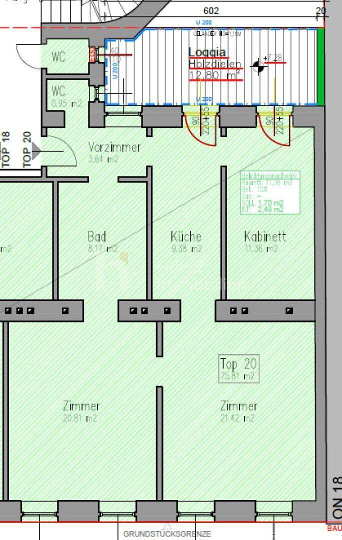 Grundriss der Wohnung Top 20 mit Loggia, Küche, Bad und mehreren Zimmern.
