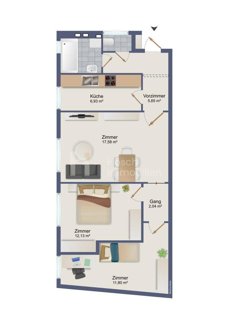 Detaillierter Grundriss einer Wohnung mit Küche, Bad und drei Zimmern.