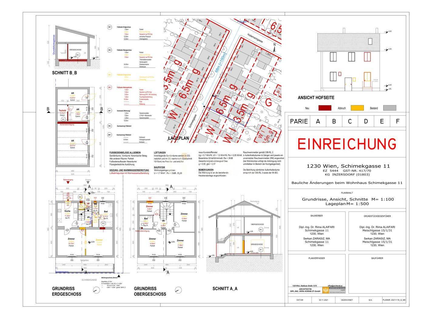 Detaillierter Bauplan mit Grundrissen, Schnitten und Lageplan eines Wohnhauses.