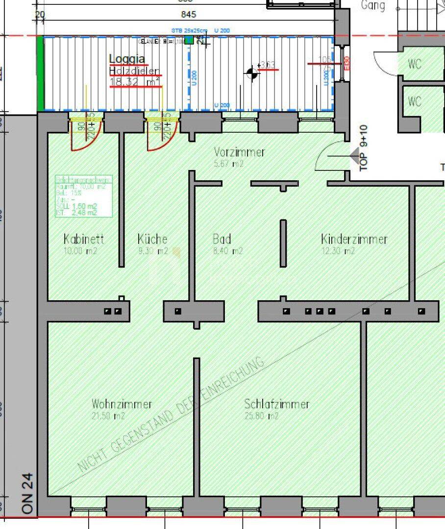 Grundriss einer Wohnung mit Loggia, Wohnzimmer, Schlafzimmer und Kinderzimmer.