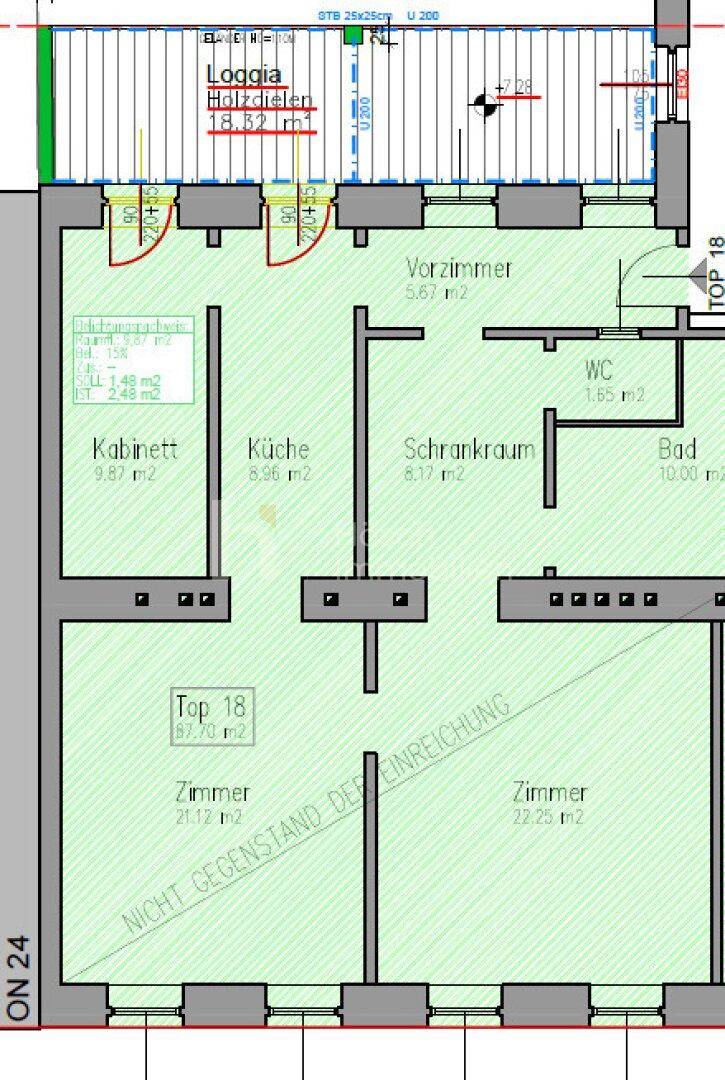 Grundriss einer Wohnung mit Loggia, Schrankraum, Bad und separatem WC.