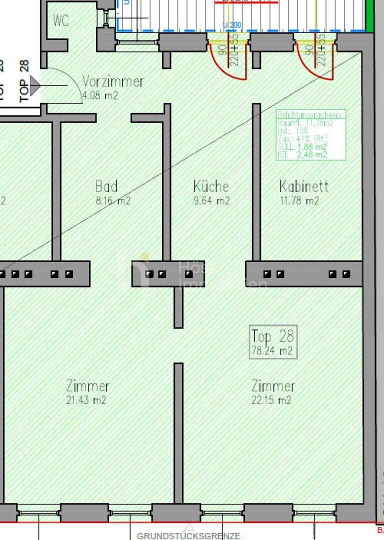 Grundriss einer Wohnung mit Bad, Küche und separatem WC.