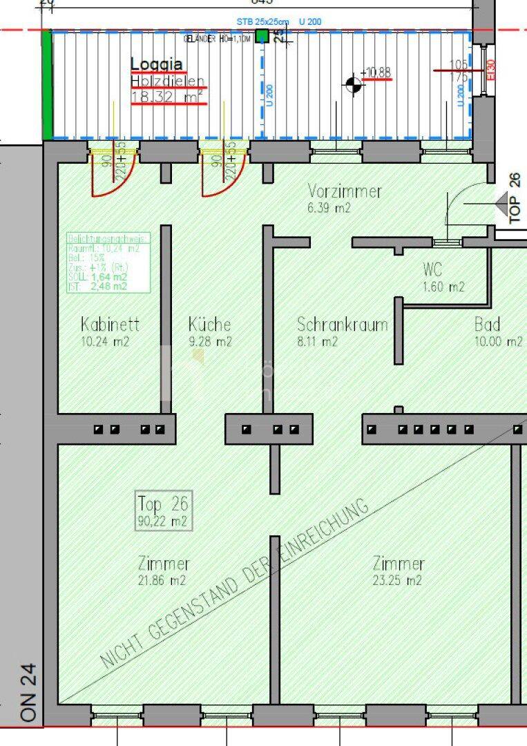 Grundriss einer Wohnung mit Loggia, Schrankraum, Bad und separatem WC.