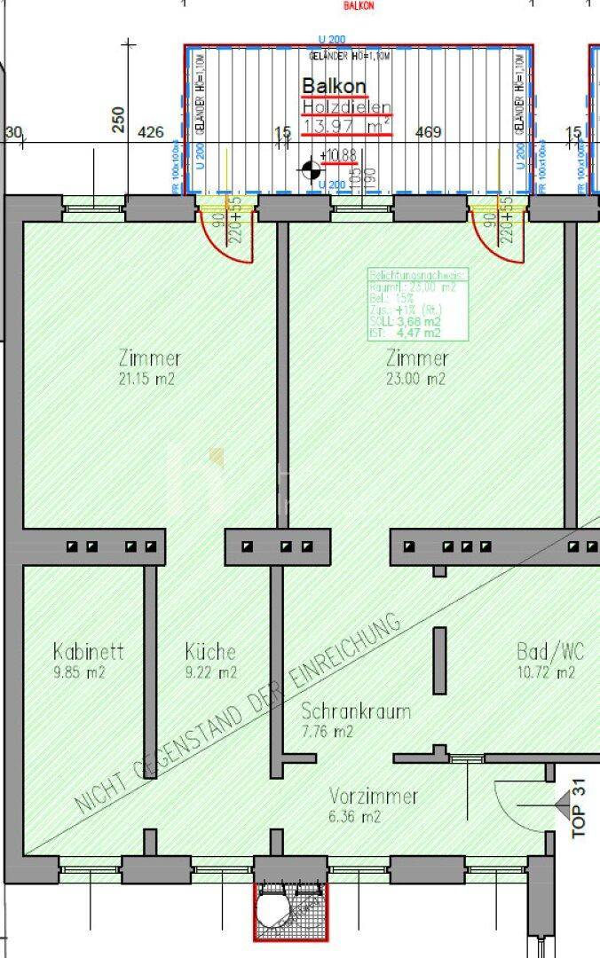 Grundriss einer Wohnung mit Balkon, Schrankraum und Bad mit WC.