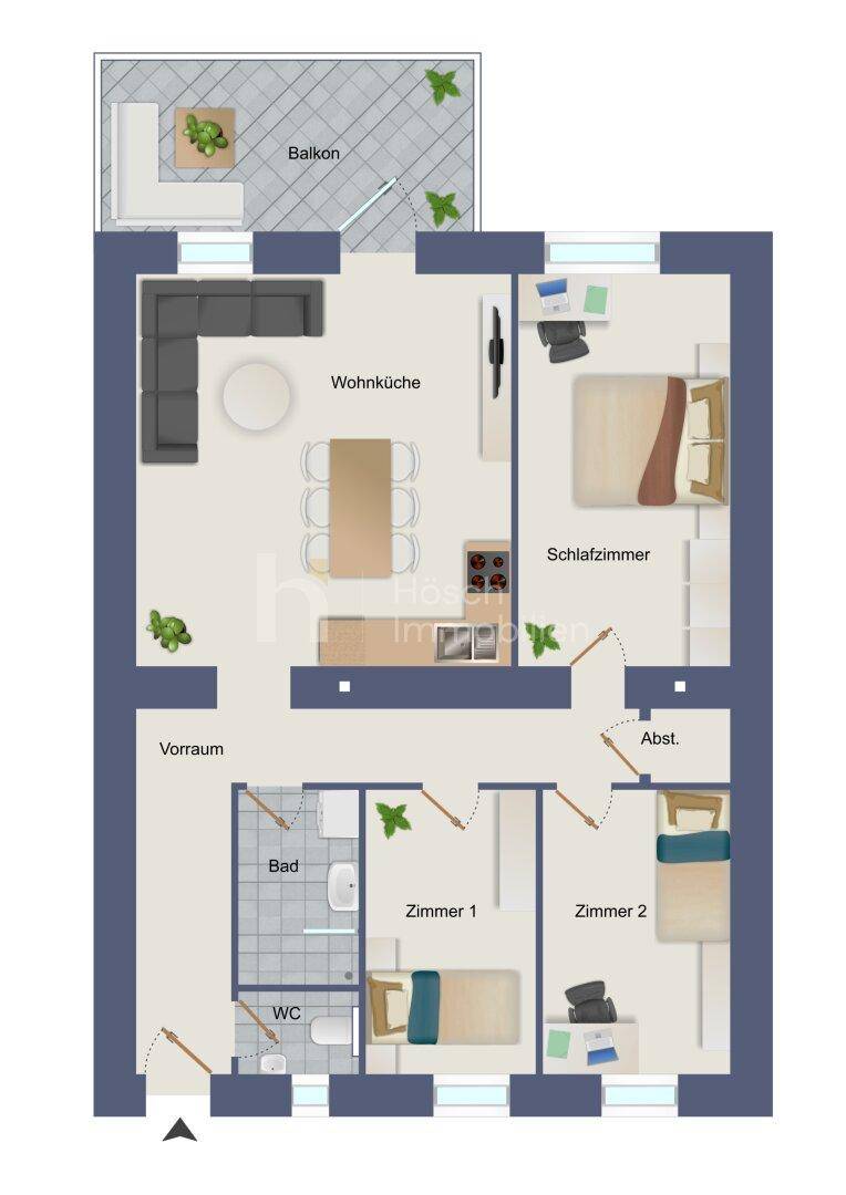 Grundriss einer Wohnung mit offener Wohnküche, drei Zimmern, Bad, separatem WC und Balkon.
