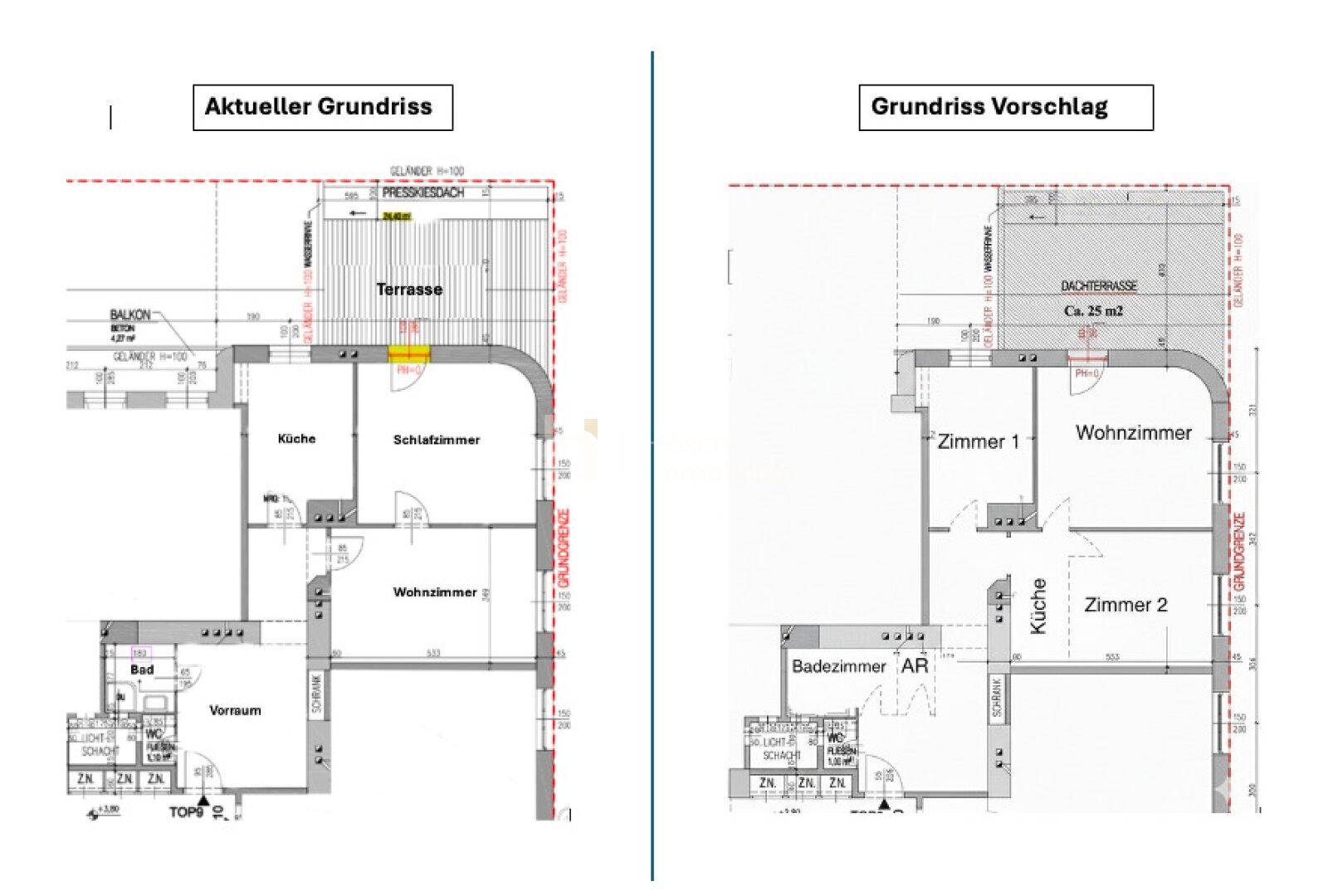 Grundriss mit aktuellem Layout und einem Vorschlag für eine Dachterrasse.