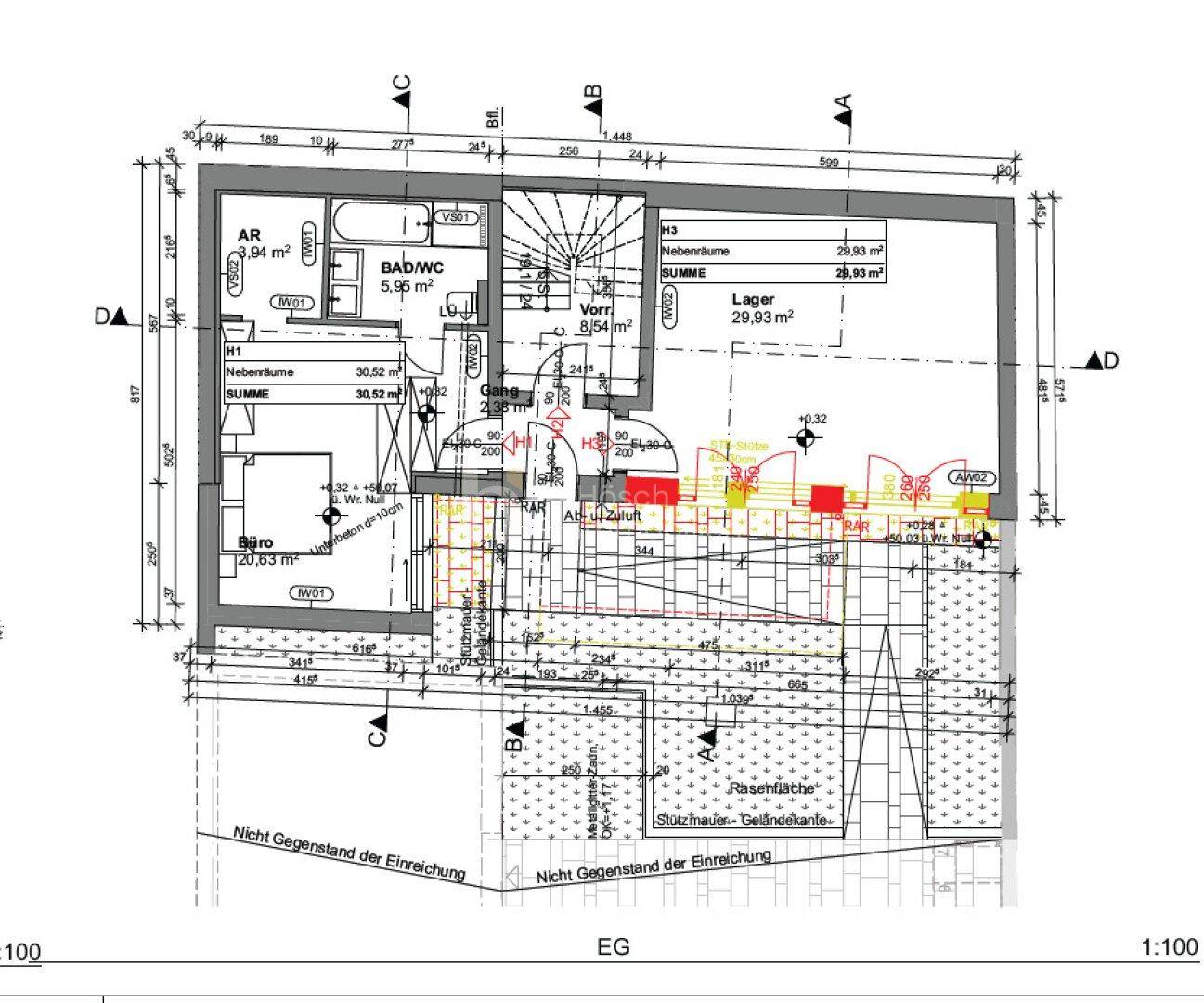 Grundriss des Erdgeschosses mit Büro, Bad, separatem WC und mehreren Abstellräumen sowie Zugang zum Gartenbereich.
