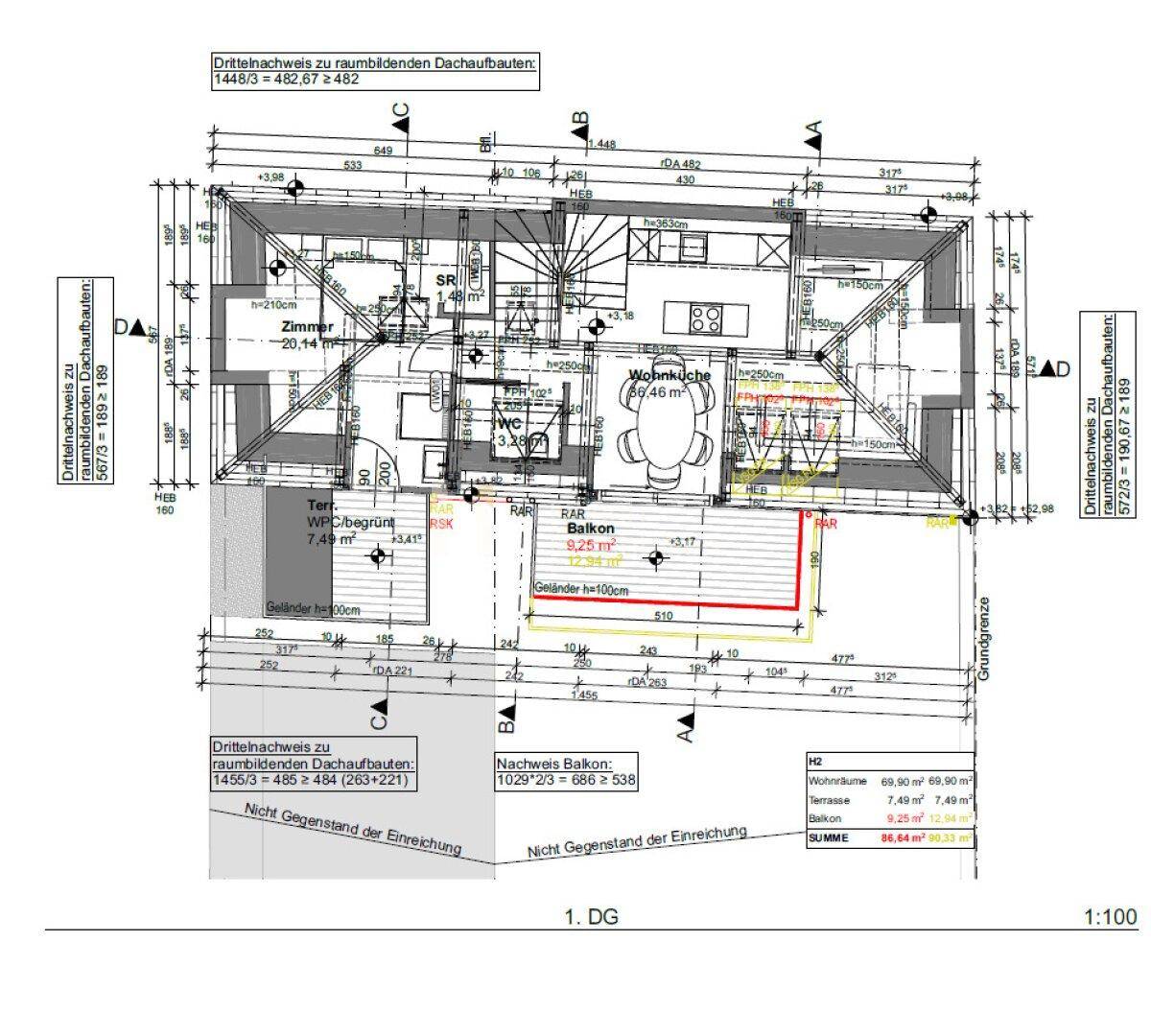 Grundriss des ersten Dachgeschosses mit offener Wohnküche, Schlafzimmer, Bad, separatem WC und Balkon.