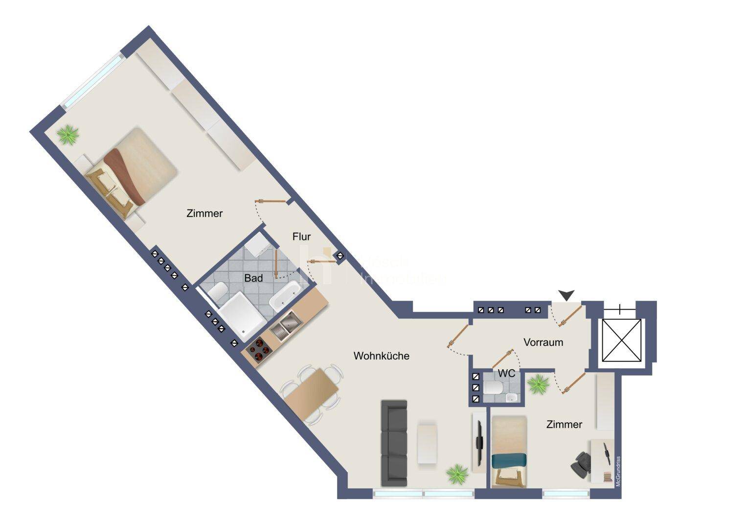 Grundriss einer Wohnung mit zwei Zimmern, Wohnküche, Bad und separatem WC.