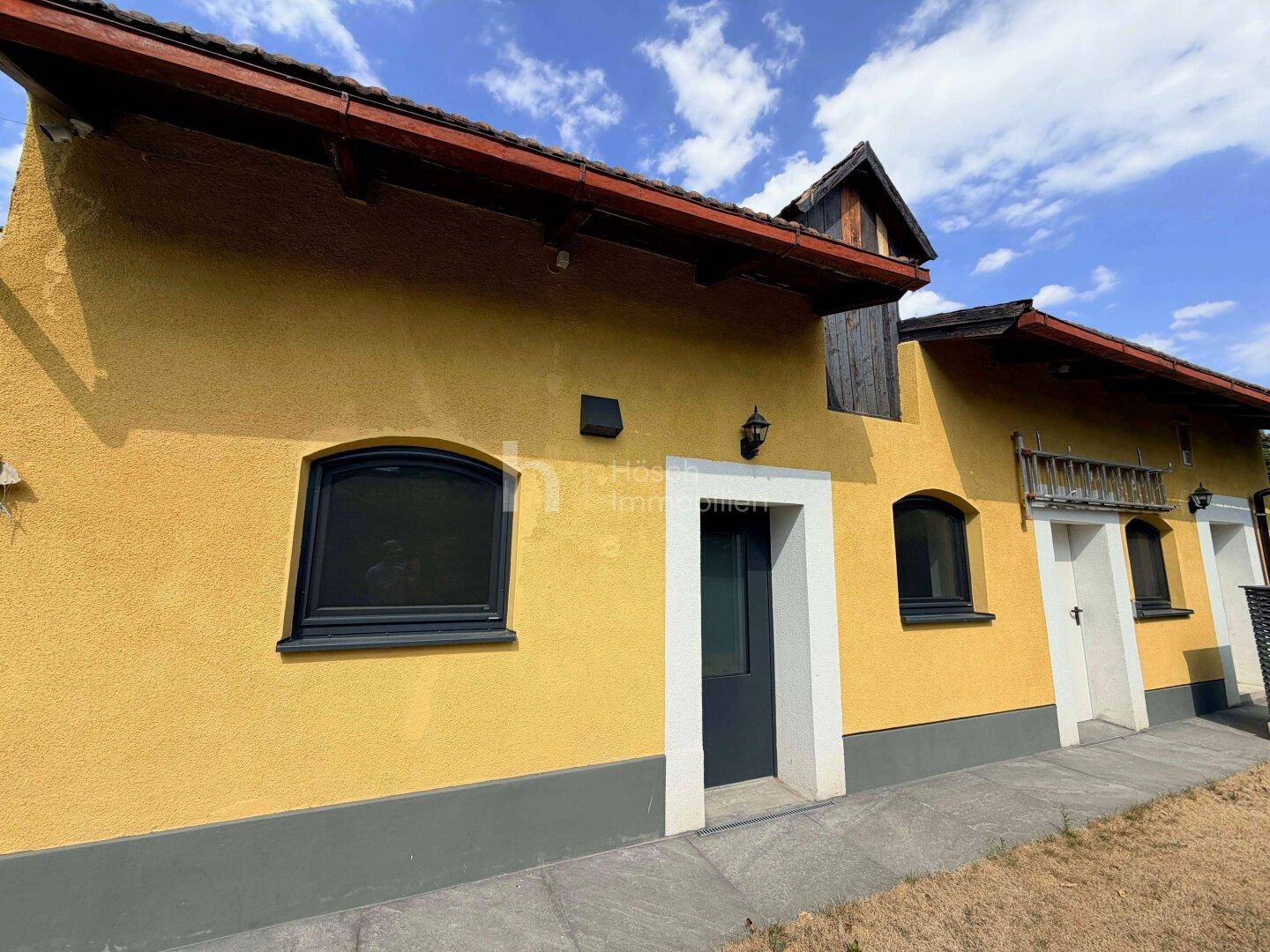 Rückseite des Hauses mit gelber Fassade, dunklen Fenstern und Holzdachüberstand.