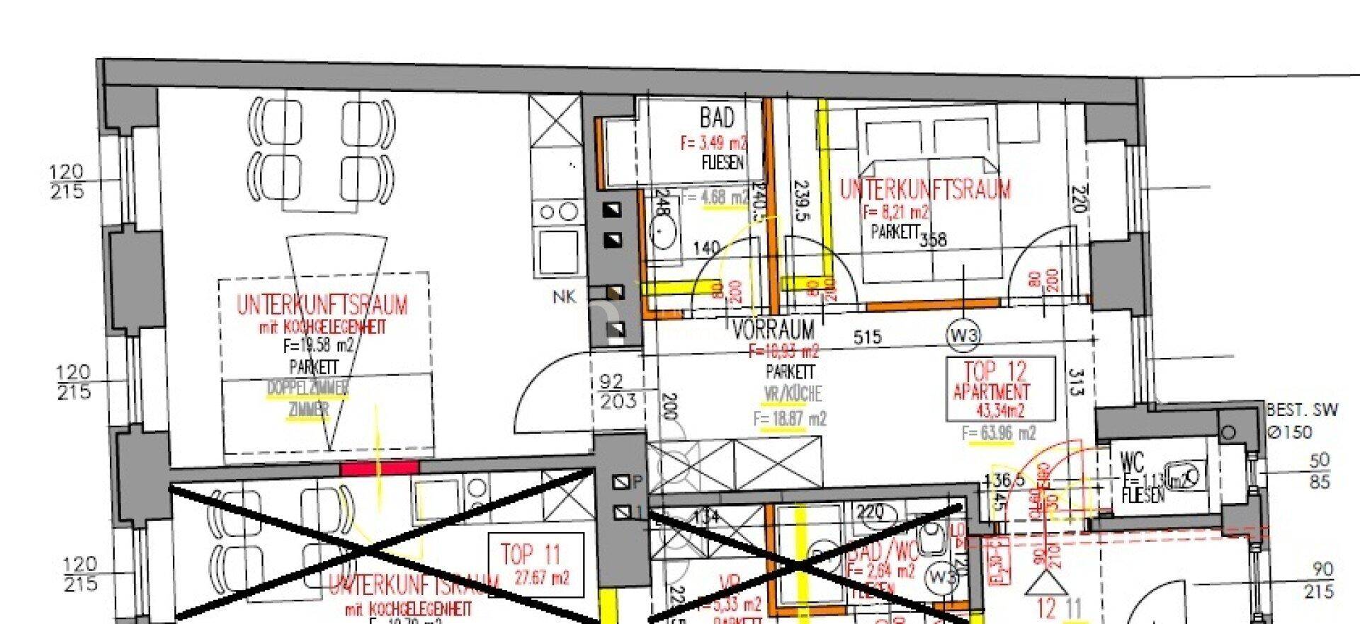 Detaillierter Grundriss mit verschiedenen Wohnungsbereichen, Bädern und Küchen.