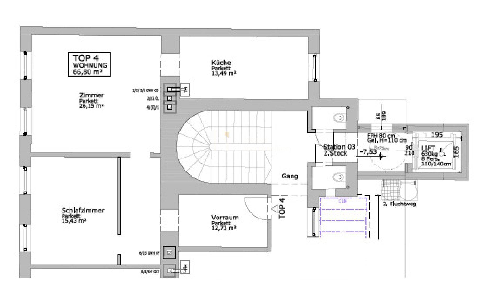 Grundriss einer Wohnung mit zwei Zimmern, Küche, Bad und Flur, inklusive Aufzug.