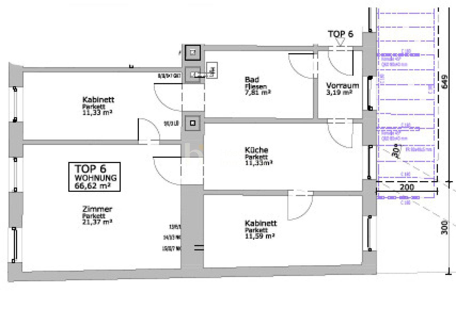 Grundriss einer Wohnung mit Zimmern, Küche, Bad und Vorraum, detailliert dargestellt.