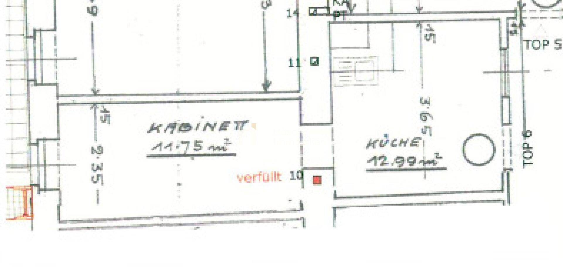 Ausschnitt eines Grundrisses mit Küche und Kabinett, inklusive Maßangaben.