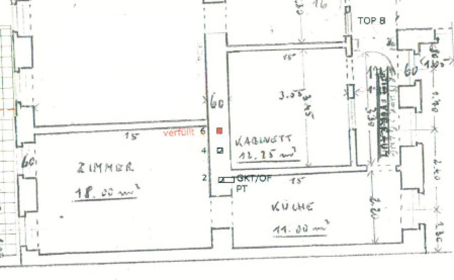 Grundrissausschnitt mit Zimmer, Kabinett und Küche, inklusive Maßangaben.