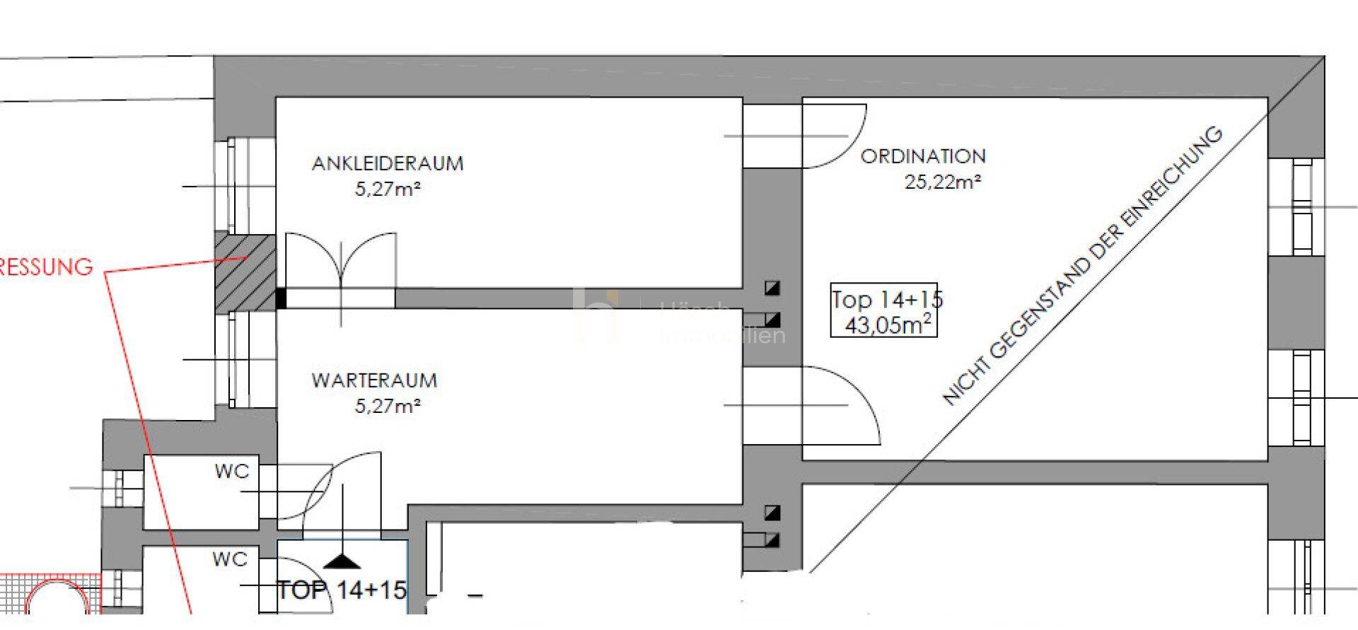 Grundriss einer Einheit mit Ankleideraum, Wartezimmer, Ordination und zwei WCs.