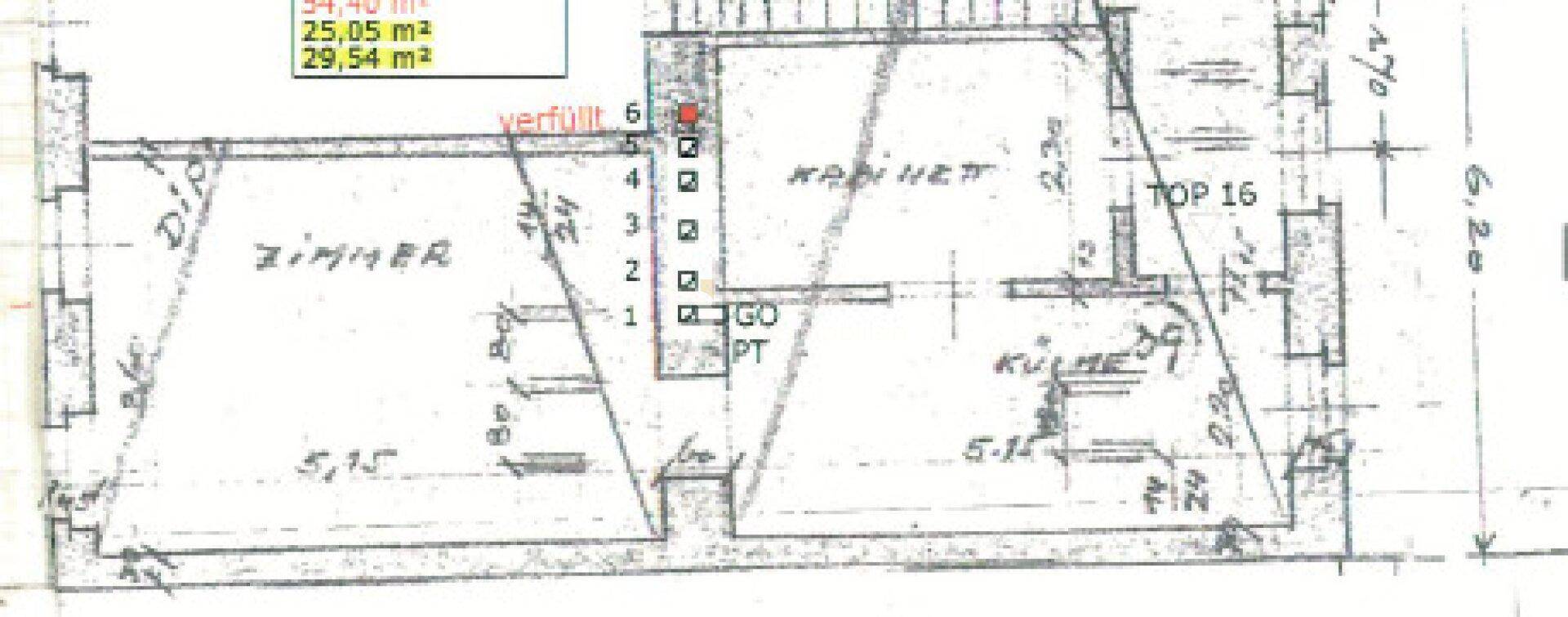 Ausschnitt eines Grundrisses mit Zimmer und Kabinett, inklusive Maßangaben.