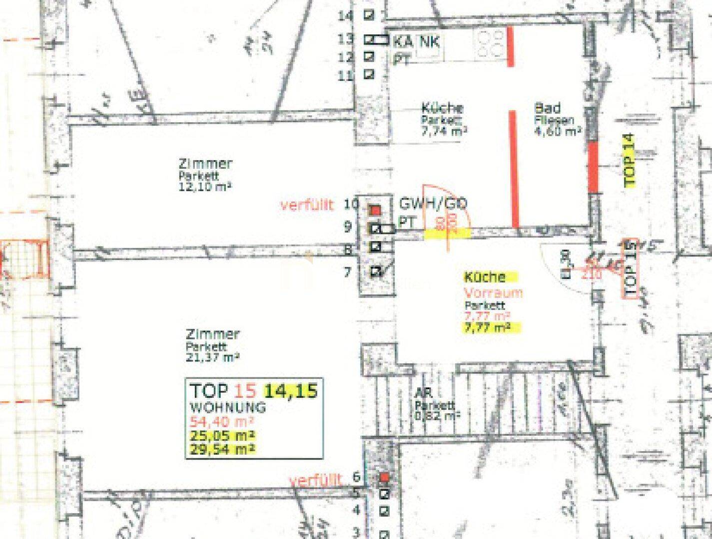 Grundriss einer Wohnung mit Zimmern, Küche, Bad und Vorraum, inklusive Maßangaben.