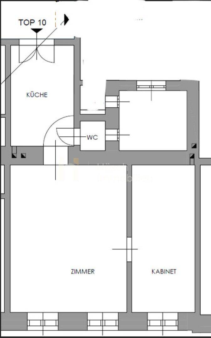 Grundriss einer Wohnung mit Küche, WC, Zimmer und Kabinett.
