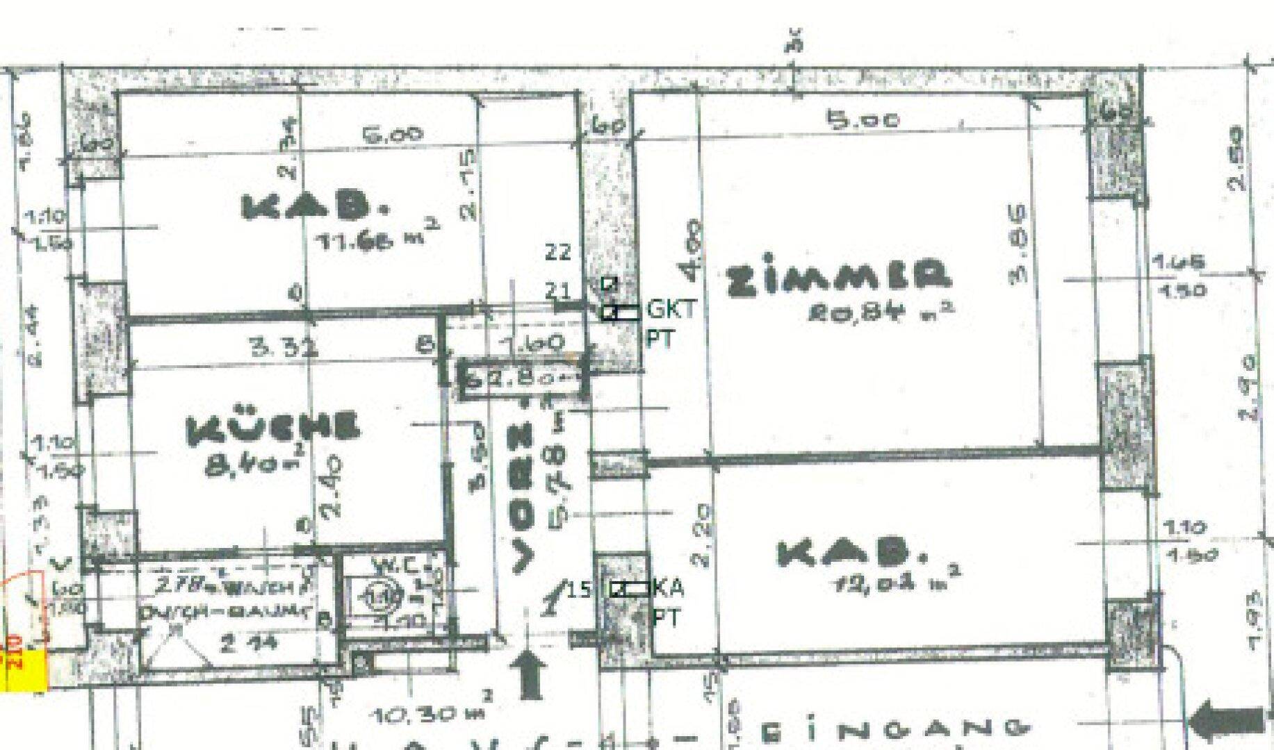Grundriss einer Wohnung mit Küche, Zimmern, Bad und WC, inklusive Vorraum.