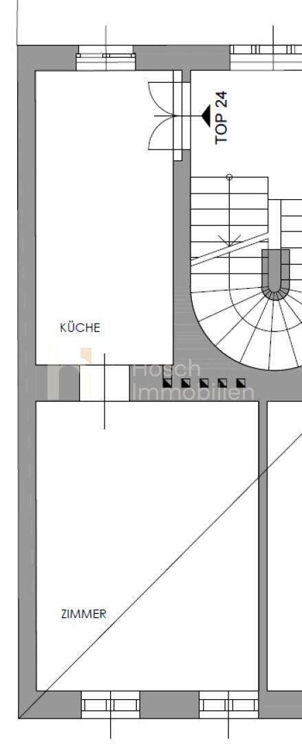 Grundriss einer Wohnung mit Küche, Zimmer und Wendeltreppe.