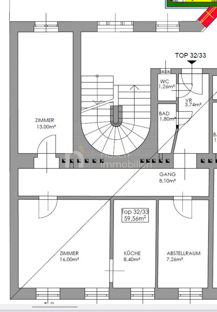 Grundriss einer Wohnung mit Zimmern, Küche, Abstellraum, Bad und WC.