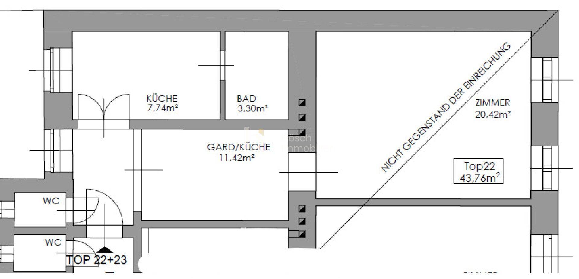 Grundriss einer Einheit mit Küche, Bad, Garderobe/Küche, Zimmer und zwei WCs.