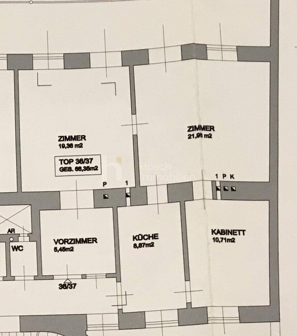 Grundriss einer Wohnung mit Zimmern, Küche, Vorzimmer, Kabinett und WC, inklusive Flächenangaben.