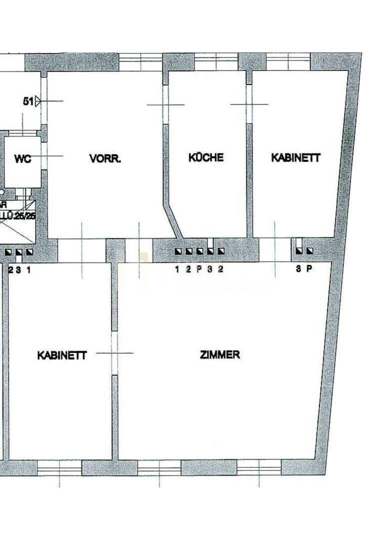 Grundriss einer Wohnung mit WC, Vorraum, Küche, Kabinett und Zimmern, ohne Flächenangaben.