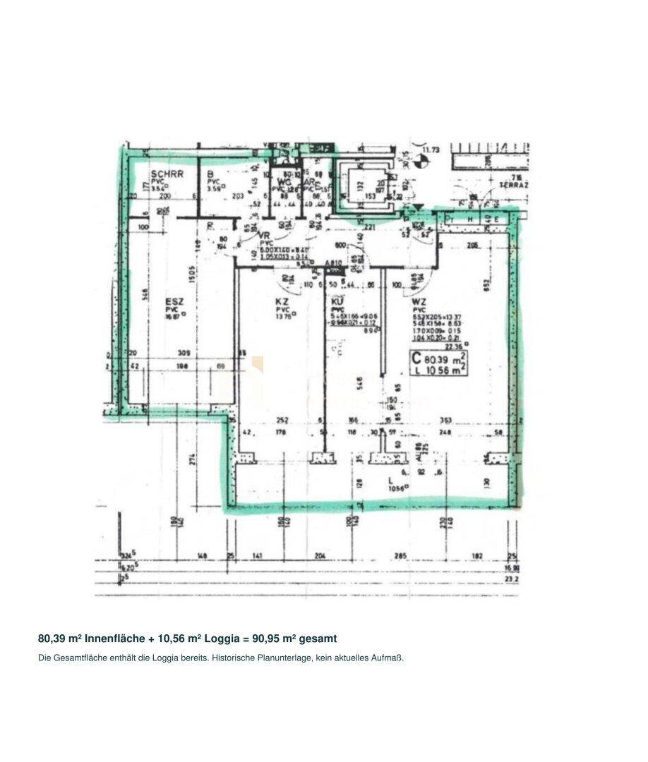 Grundriss der Wohnung mit Innenfläche von 80,39 m² und Loggia.