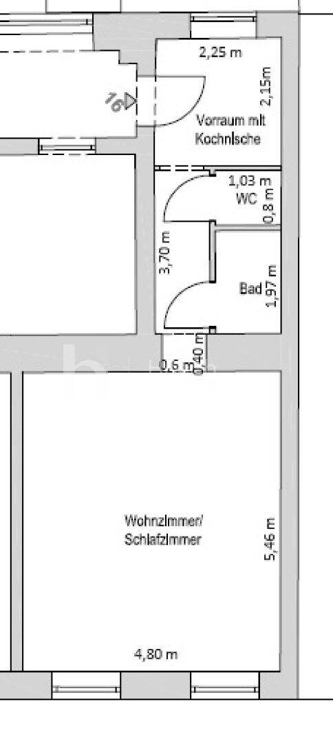 Grundriss einer Wohnung mit Vorraum, Kochnische, separatem WC, Bad und kombiniertem Wohn-/Schlafzimmer.