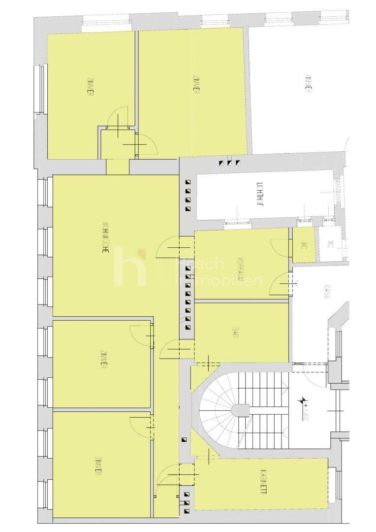 Grundriss einer Wohnung mit mehreren Zimmern, separater Küche, Bad und Gäste-WC, erschlossen über ein Treppenhaus.