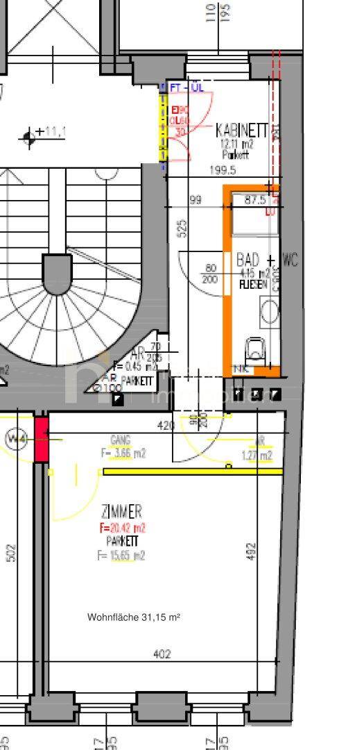 Grundriss zeigt einen Teil der Etage mit Bad, WC, zwei Zimmern, Abstellraum und Treppenaufgang.