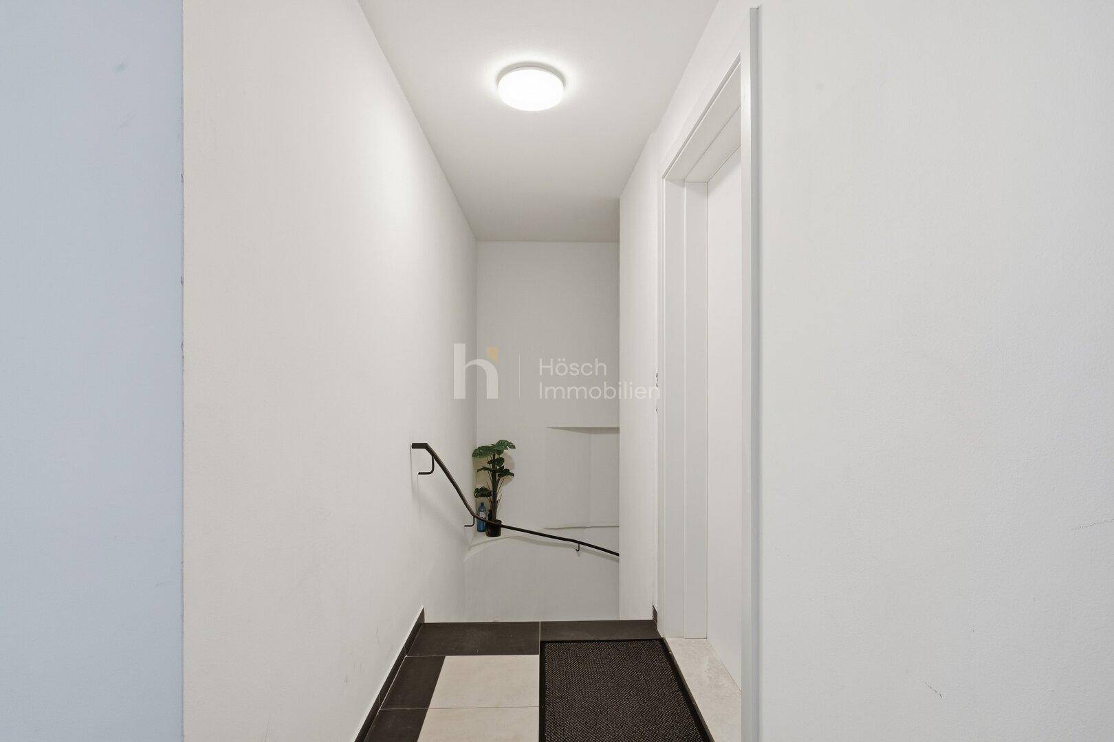 Schmaler, heller Flur mit Fliesenboden und einer kleinen Pflanze als Dekoration.