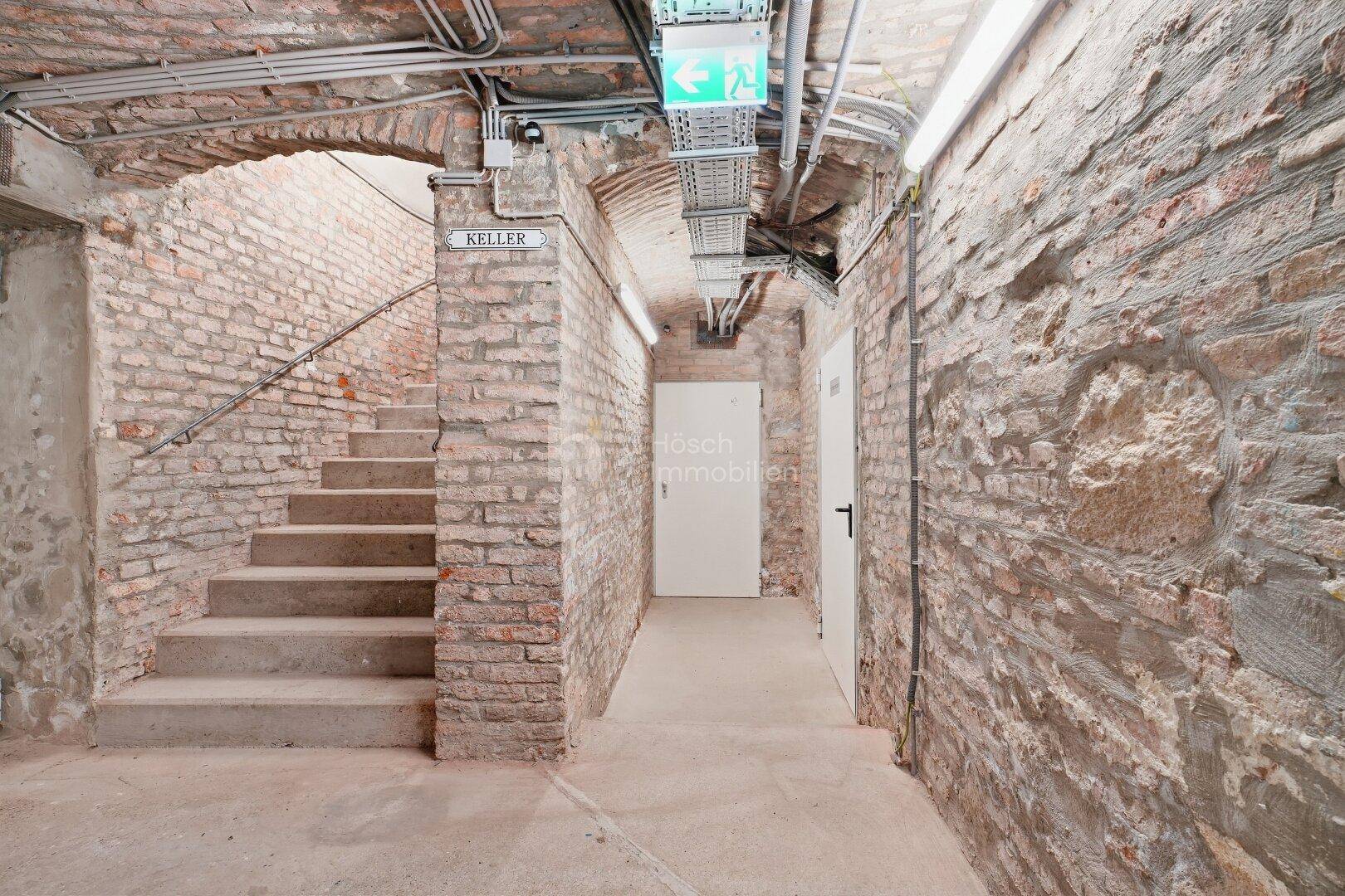Kellerbereich mit unverputzten Ziegelwänden, Betontreppe und Zugang zu weiteren Kellerräumen.